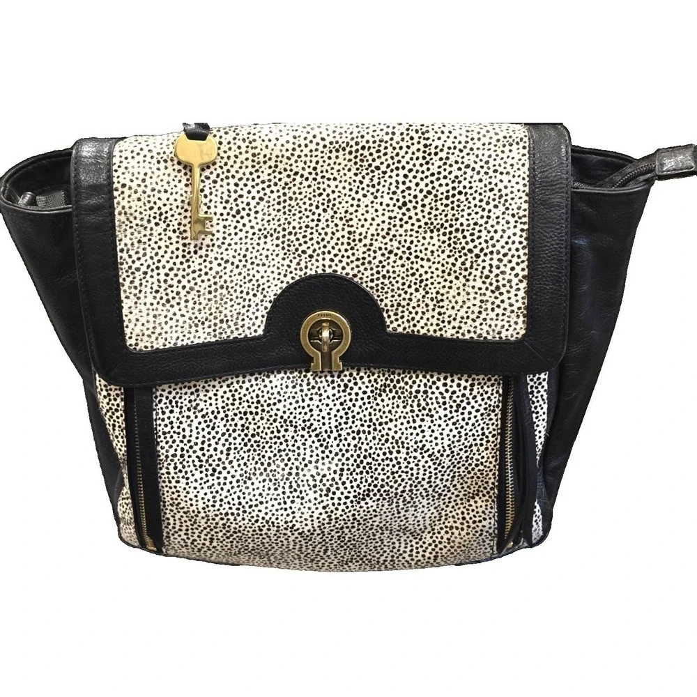 Fossil Amelia‎ Convertible Backpack White Cheetah Spotted  3-IN-1 Black Leather